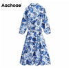 Aachoae Women Elegant Floral Print Shirt Dress With Belt Turn Down Collar Three Quarter Midi Dresses Female Dress