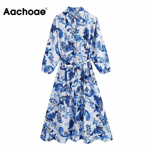 Aachoae Women Elegant Floral Print Shirt Dress With Belt Turn Down Collar Three Quarter Midi Dresses Female Dress