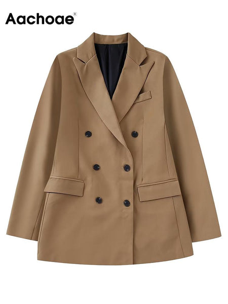 Aachoae Women Solid Color Blazer Suits Casual Notched Collar Long Sleeve Blazers Lady Double Breasted Loose Outerwear