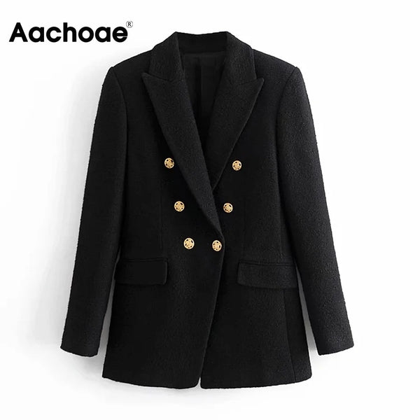 Aachoae Women Office Wear Black Tweed Blazer Coat 2022 Double Breasted Vintage Jacket Female Long Sleeve Pockets Outerwear