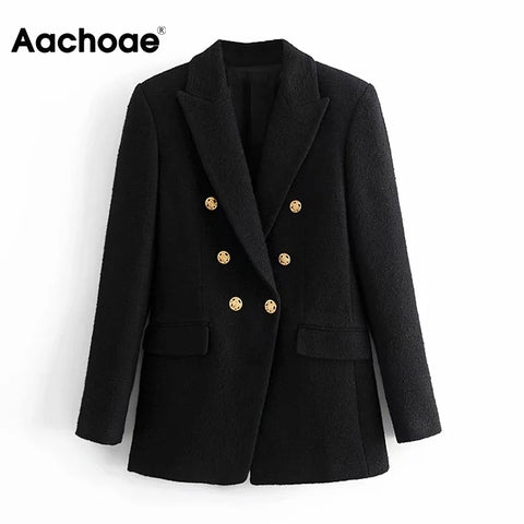 Aachoae Women Office Wear Black Tweed Blazer Coat 2022 Double Breasted Vintage Jacket Female Long Sleeve Pockets Outerwear