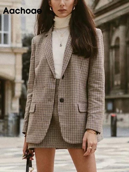 Aachoae Women Plaid Tweed Skirts Suit Spring Long Sleeve Houndstooth Office Blazer Jacket & Skirt 2 Pieces Sets Women Suits