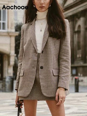 Aachoae Women Plaid Tweed Skirts Suit Spring Long Sleeve Houndstooth Office Blazer Jacket & Skirt 2 Pieces Sets Women Suits