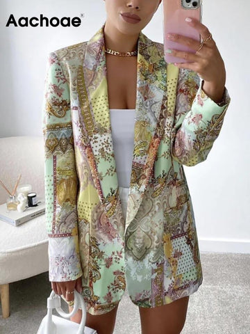 Aachoae Women Vintage Floral Printed Blazer Suits Notched Collar Long Sleeve Blazers Female Autumn Outerwear Tops