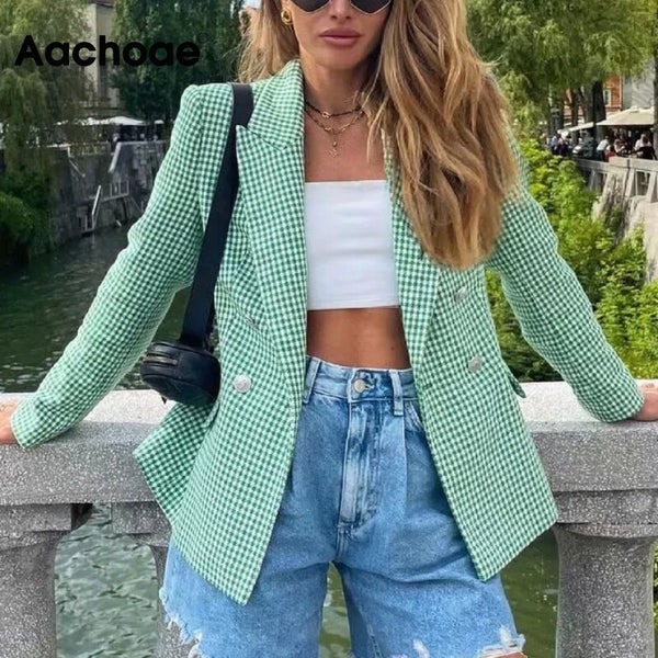 Aachoae Women Vintage Plaid Tweed Blazers Autumn Elegant Double Breasted Long Sleeve Jacket Coats Female Office Wear Blazer Suit