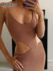 Abdieso Backless Cut Out Midi Bodycon Dress Sexy for Women Brown 2023 Summer Bandage Sleeveless Party Dresses Beach Club