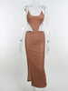 Abdieso Backless Cut Out Midi Bodycon Dress Sexy for Women Brown 2023 Summer Bandage Sleeveless Party Dresses Beach Club