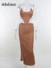 Abdieso Backless Cut Out Midi Bodycon Dress Sexy for Women Brown 2023 Summer Bandage Sleeveless Party Dresses Beach Club