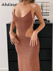 Abdieso Backless Cut Out Midi Bodycon Dress Sexy for Women Brown 2023 Summer Bandage Sleeveless Party Dresses Beach Club