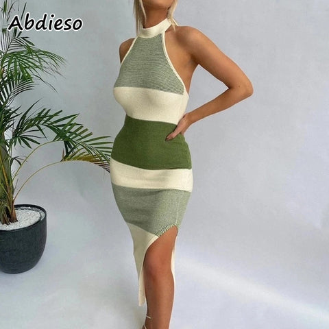 Abdieso Green Knitted Bodycon Dress Sexy Women 2022 Backless Halter Split Midi Dress Party Club Outfit