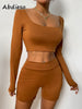 Abdieso Spring Sport Casual Shorts Sets Women Tracksuits Solid 2023 Elastic Long Sleeve Tops And Biker Shorts Two Piece Set Sexy