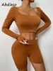 Abdieso Spring Sport Casual Shorts Sets Women Tracksuits Solid 2023 Elastic Long Sleeve Tops And Biker Shorts Two Piece Set Sexy