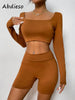 Abdieso Spring Sport Casual Shorts Sets Women Tracksuits Solid 2023 Elastic Long Sleeve Tops And Biker Shorts Two Piece Set Sexy