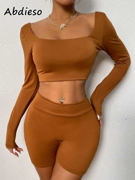 Abdieso Spring Sport Casual Shorts Sets Women Tracksuits Solid 2023 Elastic Long Sleeve Tops And Biker Shorts Two Piece Set Sexy