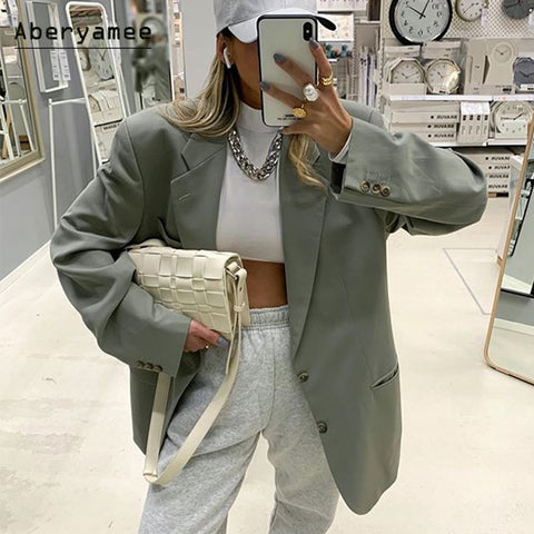 Aberyamee Women's Overshirt Oversized Blazer Long Sleeve Notched Jackets Autumn Pockets Ladies Outwear Green Clothes Female New