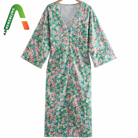 Adherebling 2023  Women Vintage V-Neck Long Sleeve Print Midi Dress Sexy Backless Slit Hem Streetwear Casual Female Dresses