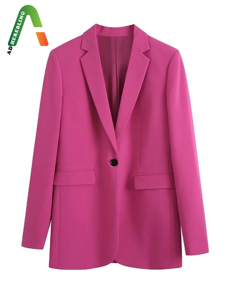 Adherebling 2023 Casual Traf Woman Blazer Office Lady Single Button Long Sleeve Jacket Pink Coat Chic Elegant