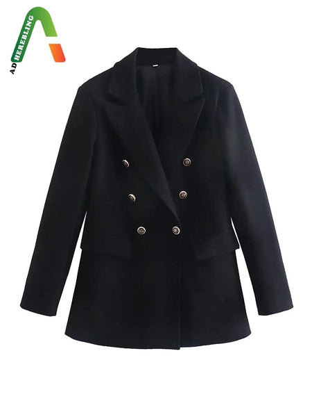 Adherebling  Woman Casual Traf Jacket Spring Notched Collar Double Breasted OL Style Straight Blazers Long Black Coats Tops