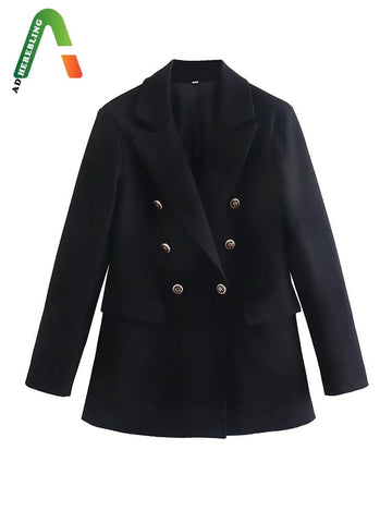 Adherebling  Woman Casual Traf Jacket Spring Notched Collar Double Breasted OL Style Straight Blazers Long Black Coats Tops