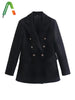 Adherebling  Woman Casual Traf Jacket Spring Notched Collar Double Breasted OL Style Straight Blazers Long Black Coats Tops