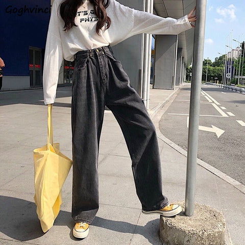 Adjust Waist Jeans Women Solid Retro Slim Mopping Designer Young Oversize Ulzzang Leisure Daily Fashionable College Students Hot