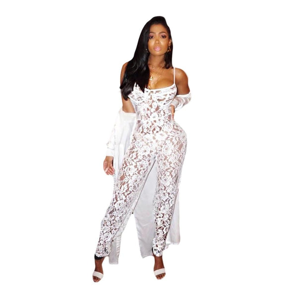 2022 Summer White Lace Jumpsuits for Women Sexy See Through Spaghetti Straps Full Length Rompers Night Club Overalls