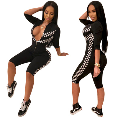 Fashion Casual Racing Wear Plaid Print Half Sleeve Calf-length Pants Bandage Jumpsuits Women Summer Rompers Overalls