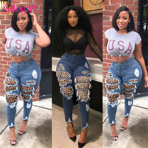 Adogirl Leopard Print Patchwork Women Jeans Pants Tassel Distressed Denim Pencil Trousers Plus Size S-3XL