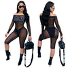 Limited Edition Letters Print Sheer Mesh Jumpsuit Sexy Off the Shoulder Long Sleeve Women Rompers Knee Length Pants
