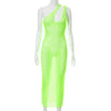 Adogirl Sexy Mesh Hollow Out Women Dresses Casaul Club Party Night Outwear See Through Neon Color One Shoulder Slim Midi Dress