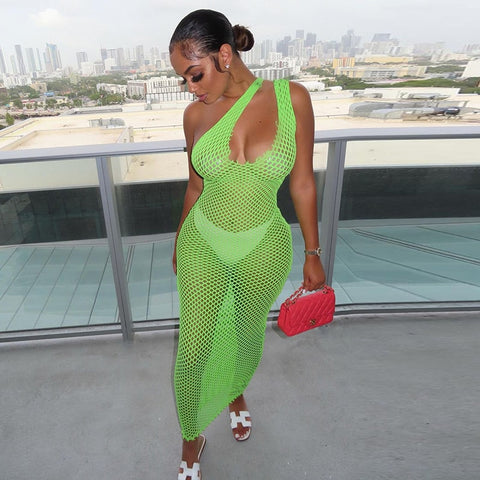 Adogirl Sexy Mesh Hollow Out Women Dresses Casaul Club Party Night Outwear See Through Neon Color One Shoulder Slim Midi Dress