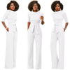 Solid Stand Collar Half Sleeve Casual Jumpsuits with Sashes Office Lady One Piece Wide Leg Pants Women Rompers Overalls