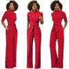 Solid Stand Collar Half Sleeve Casual Jumpsuits with Sashes Office Lady One Piece Wide Leg Pants Women Rompers Overalls