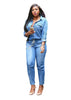 Vintage Plus Size Jeans Jumpsuit Turn Down Collar Long Sleeve Bandage Denim Rompers Women Bodysuits Combinaison S-3XL