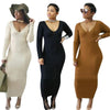 White/Black/Brown Long Sleeve Ankle Length Long Pencil Cotton Autumn Basic Dresses Winter Maxi Straight Dresses Vestidos