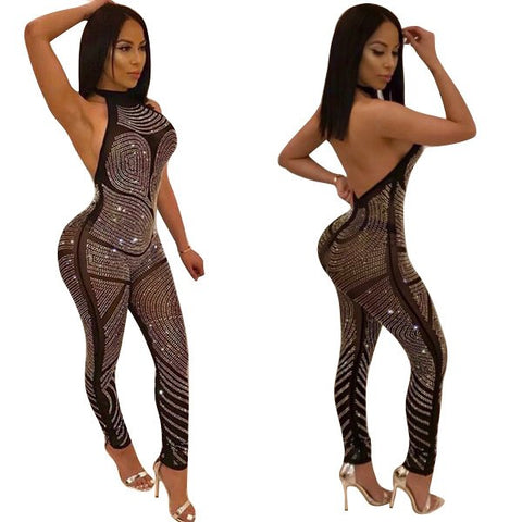 Women Sexy Halter Diamonds Bandage Jumpsuits Open Back Slim Night Club Rompers High Quality Ladies Overalls Costumes