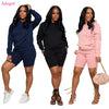 Adogirl Women Solid Casual Two Piece Set Long Sleeve Kangaroo Pockets Pullover Hooded Sweatshirts + Shorts Jogging Suits