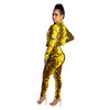 Adogirl Yellow Leopard Print Women Two Piece Set Long Sleeve Short Jacket Coat Top Spaghetti Straps Jumpsuit Sexy Suit