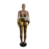 Adogirl Yellow Leopard Print Women Two Piece Set Long Sleeve Short Jacket Coat Top Spaghetti Straps Jumpsuit Sexy Suit