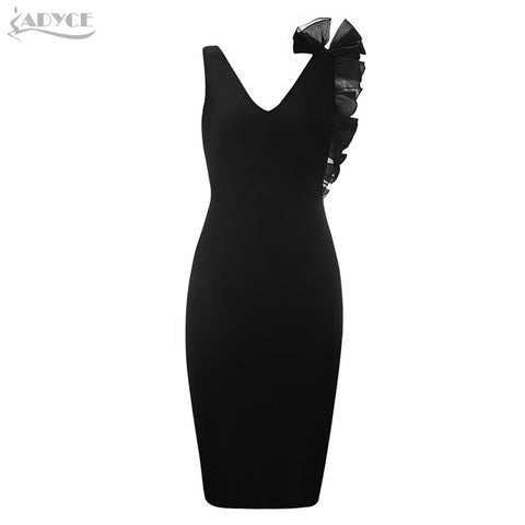 2022 New Summer Women Bodycon Bandage Dress Sexy Black V-Neck Ruffles Mesh Backless Vestidos Celebrity Evening Party Dress
