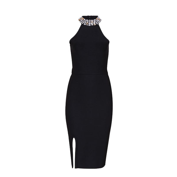 New Women Bandage Dress Luxury Celebrity Evening Party Dresses Sleeveless Split Halter Diamonds Black Dress Vestidos