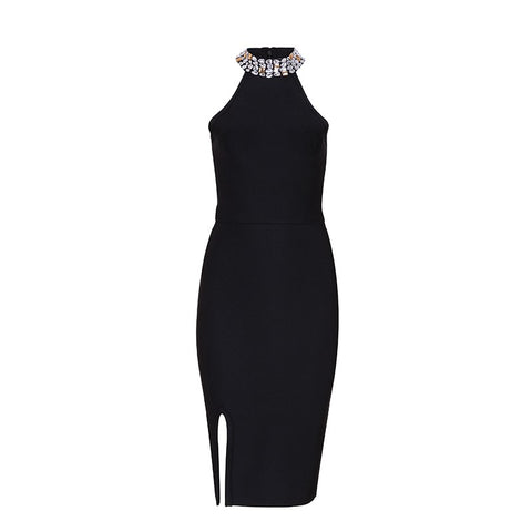 New Women Bandage Dress Luxury Celebrity Evening Party Dresses Sleeveless Split Halter Diamonds Black Dress Vestidos