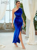 Adyce 2023 Evening Maxi Blue Velvet Dress For Women One Shoulder Sexy High Split Club Party Celebrity Lady Dress Vestido