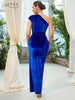 Adyce 2023 Evening Maxi Blue Velvet Dress For Women One Shoulder Sexy High Split Club Party Celebrity Lady Dress Vestido