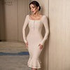 Adyce 2023 Autumn Winter Women Apricot Bodycon Bandage Dress Sexy Mermaid Long Sleeve Lady Club Celebrity Runway Party Dress