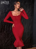 Adyce 2023 Autumn Winter Women Apricot Bodycon Bandage Dress Sexy Mermaid Long Sleeve Lady Club Celebrity Runway Party Dress