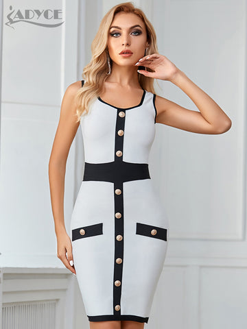 Adyce 2023 Summer Club Bodycon Bandage Dress Women Sexy Sleeveless Tank Buttons Mini Patchwork Celebrity Evening Party Dress