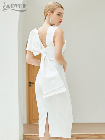 Adyce 2023 Summer White Bodycon Bandage Dress Women Sexy Sleeveless Halter Bow Midi Celebrity Runway Party Dresses Vestidos