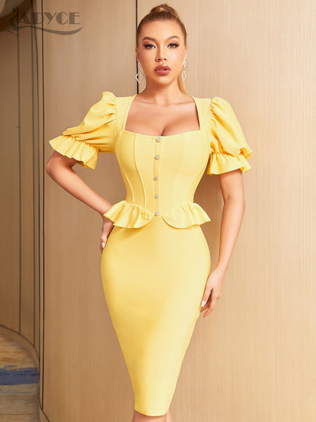 Adyce 2023 Summer Women Bandage Dress Sexy Short Puff Sleeve Elegant Ruffles Evening Club Celebrity Party Midi Bodycon Dress