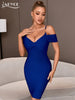 Adyce 2023 Summer Women Blue Off Shoulder Party Bandage Dress Sexy Short Sleeve V Neck Mini Celebrity Evening Bodycon Dress